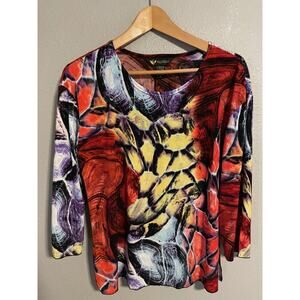 Valentina Top Womens Small Colorful Abstract Print 3/4 Sleeve Top Artsy Wacky